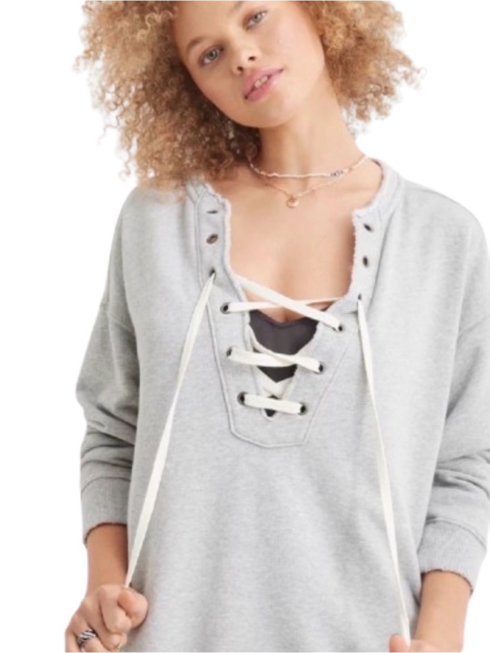 NWOT aerie Lace-Up V-Neck Distressed Pullover Light Gray Size S